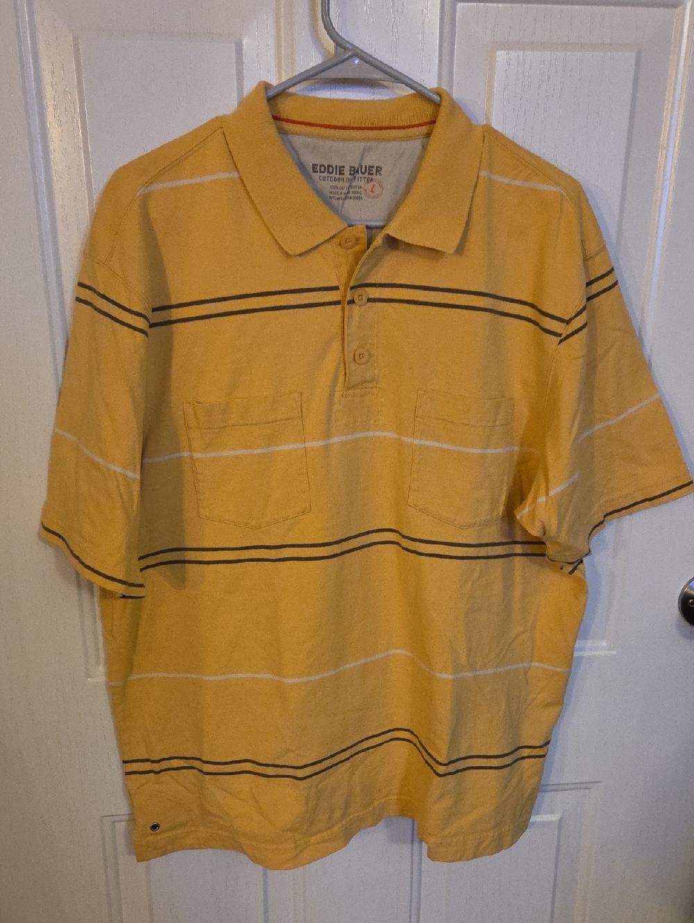 Eddie Bauer Yellow Polo with Thin Black and White Stripes Size Large